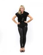 Fur vests black lapin rouge woman with fabric inserts and wide neck