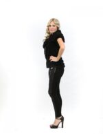 Fur vests black lapin rouge woman with fabric inserts and wide neck - Image 2