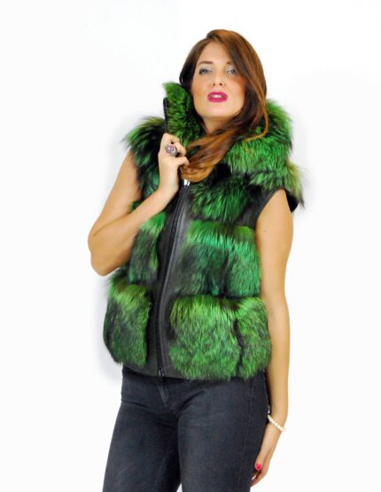 44 Pelliccia volpe verde chiaro smanicato con pelle lucida Fuchspelz fox fur лисица fourrure renard