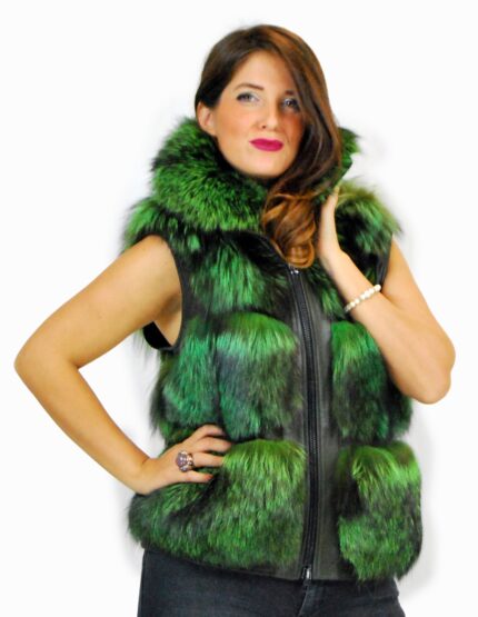 44 Pelliccia volpe verde chiaro smanicato con pelle lucida Fuchspelz fox fur лисица fourrure renard