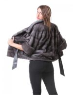 PELLICCIA GIACCA VISONE DONNA CON LAVORAZIONE ORIZZONTALE IN GRIGIO BLUE IRIS