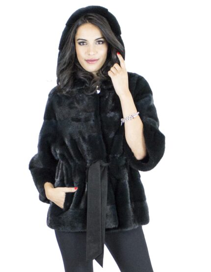 Pelliccia visone 46-48 cypress cintura giacca cappuccio vison норка fur mink Nerzpelzes fourrure