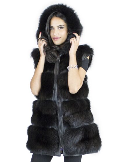 Gilet volpe nero cappuccio taglia 50 pelliccia con zip e cappuccio pelle bordato volpe