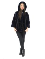 42 Pelliccia giacca visone orizzontale donna royal blue cintura e cappuccio mink fur nerz норка fourrure