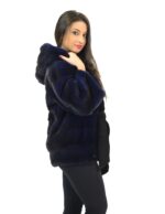 42 Pelliccia giacca visone orizzontale donna royal blue cintura e cappuccio mink fur nerz норка fourrure