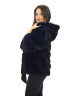42 Pelliccia giacca visone orizzontale donna royal blue cintura e cappuccio mink fur nerz норка fourrure