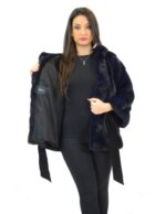 42 Pelliccia giacca visone orizzontale donna royal blue cintura e cappuccio mink fur nerz норка fourrure