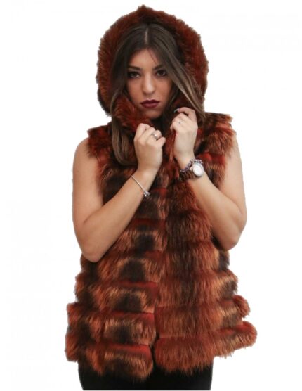 Pelliccia gilet di marmotta color ruggine lavorazione orizzontale con cappuccio