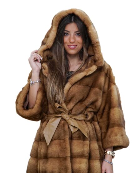 cappotto di visone orizzontale honey con cappuccio modello kimono con cinta 46