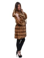cappotto di visone orizzontale honey con cappuccio modello kimono con cinta 46