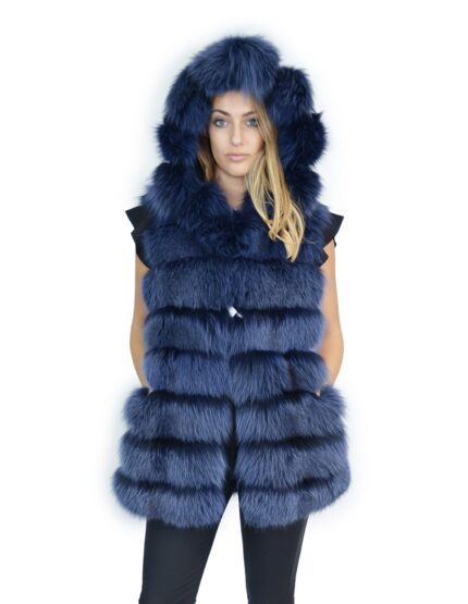 Gilet pelliccia volpe blu con pelle scamosciata e cappuccio 48 fox Fuchs renard