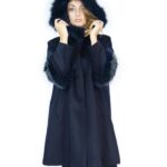 Cappotto blu cashmere e pelliccia di volpe con cappuccio 50 баранина sheepskin Hammel mouton