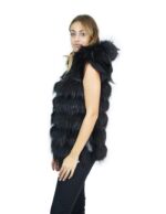 Gilet pelliccia volpe nero con cappuccio e inserti di pelle 44 Fuchs fox renard