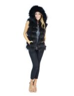 Gilet pelliccia volpe nero con cappuccio e inserti di pelle 44 Fuchs fox renard