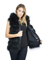 Gilet pelliccia volpe nero con cappuccio e inserti di pelle 44 Fuchs fox renard