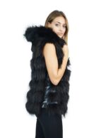 Gilet pelliccia volpe nero con cappuccio e inserti di pelle 44 Fuchs fox renard