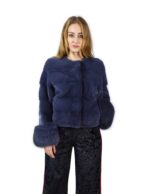 44 Giacca di visone orizzontale blu jeans con volpe ai polsi fourrure de vison mink fur Nerz
