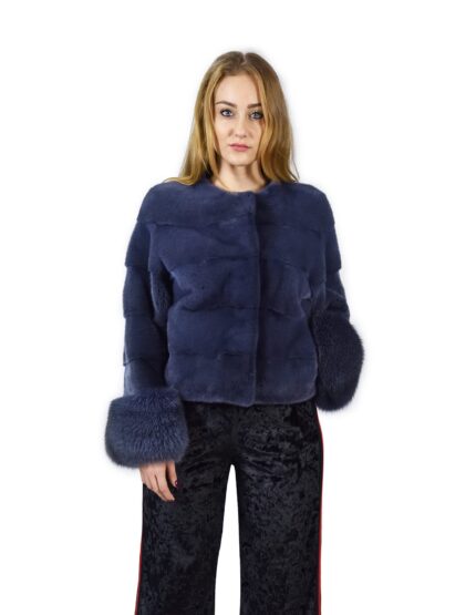 44 Giacca di visone orizzontale blu jeans con volpe ai polsi fourrure de vison mink fur Nerz