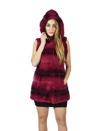44 Pelliccia Rex fucsia sfumato smanicato con cappuccio fur rex pelz мех рекс fourrure