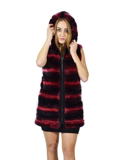 42 Pelliccia Rex fucsia e nero sfumato smanicato cappuccio cerniera fur rex pelz мех рекс fourrure