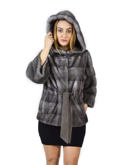 50 Cappotto di visone orizzontale blue irish cappuccio 68 cm fourrure de vison mink fur Nerz