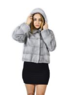 50 Giacca pelliccia visone orizzontale zaffiro cappuccio 58 cm fourrure de vison mink fur Nerz