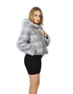 50 Giacca pelliccia visone orizzontale zaffiro cappuccio 58 cm fourrure de vison mink fur Nerz