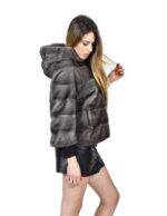 Giacca donna pelliccia 44 visone colore blue iris con cappuccio orizzontale fourrure de vison mink fur Nerz