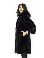 46 Cappotto visone nero cappuccio fur mink Pelz Nerz мех 水貂皮草