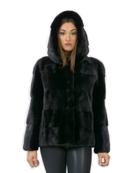 Giacca pelliccia visone orizzontale black cappuccio 50 fourrure de vison mink fur Nerz