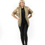 Pelliccia giacca tipo cardigan donna marrone di lapin e volpe con tessuto