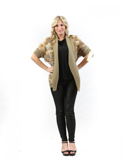 Pelliccia giacca tipo cardigan donna marrone di lapin e volpe con tessuto