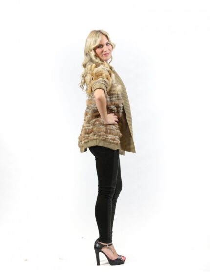 Pelliccia giacca tipo cardigan donna marrone di lapin e volpe con tessuto