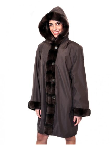 PIUMINO GIACCONE REVERSIBILE 58 TESSUTO E REX MARRONE CON CAPPUCCIO BORDATO