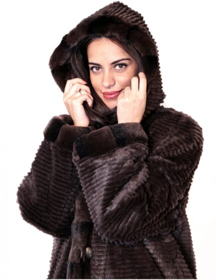 PIUMINO GIACCONE REVERSIBILE 58 TESSUTO E REX MARRONE CON CAPPUCCIO BORDATO