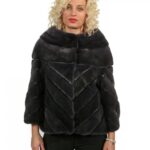 44 giacca visone dark denim con lavorazione trasversale con collo pistagna con inserti pelle