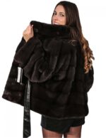 PELLICCIA DONNA GIACCONE VISONE ORIZZONTALE CON CINTURA INTERNA PELLE CON COLLO COREANA