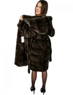 46 PELLICCIA DONNA CAPPOTTO VISONE AURORA CON CAPPUCCIO CINTURA E SPACCHI LATERALI ORIZZONTA