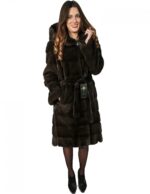 46 PELLICCIA DONNA CAPPOTTO VISONE AURORA CON CAPPUCCIO CINTURA E SPACCHI LATERALI ORIZZONTA