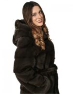 46 PELLICCIA DONNA CAPPOTTO VISONE AURORA CON CAPPUCCIO CINTURA E SPACCHI LATERALI ORIZZONTA