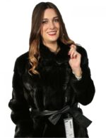 46 Pelliccia donna cappotto visone nero con collo pistagna e spacchi fur mink Pelz Nerz меха fourrure