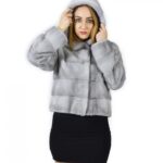 44 Giacca pelliccia visone orizzontale zaffiro cappuccio 58 cm fourrure de vison mink fur Nerz
