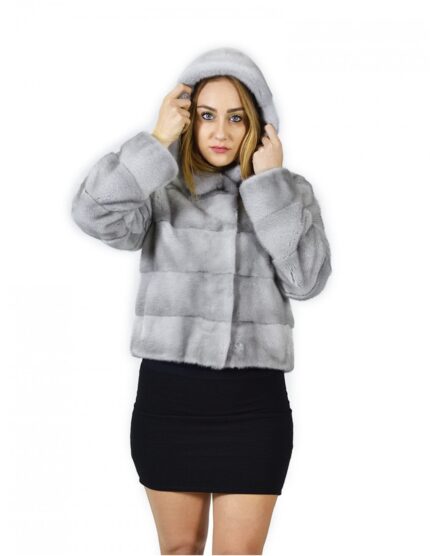 44 Giacca pelliccia visone orizzontale zaffiro cappuccio 58 cm fourrure de vison mink fur Nerz