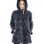 50-52 Cappotto pelliccia visone orizzontale blu antracite 81 cm con cappuccio ampio