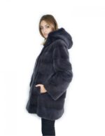 50-52 horizontal mink fur coat blue anthracite 81 cm with large hood - Image 3