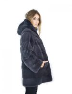 50-52 horizontal mink fur coat blue anthracite 81 cm with large hood - Image 4