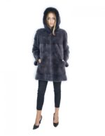 50-52 horizontal mink fur coat blue anthracite 81 cm with large hood - Image 5