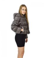 48 Giacca pelliccia visone orizzontale blue irish cappuccio fourrure de vison mink fur Nerz