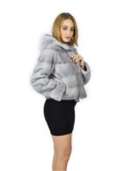 44 Giacca pelliccia visone orizzontale zaffiro cappuccio 58 cm fourrure de vison mink fur Nerz