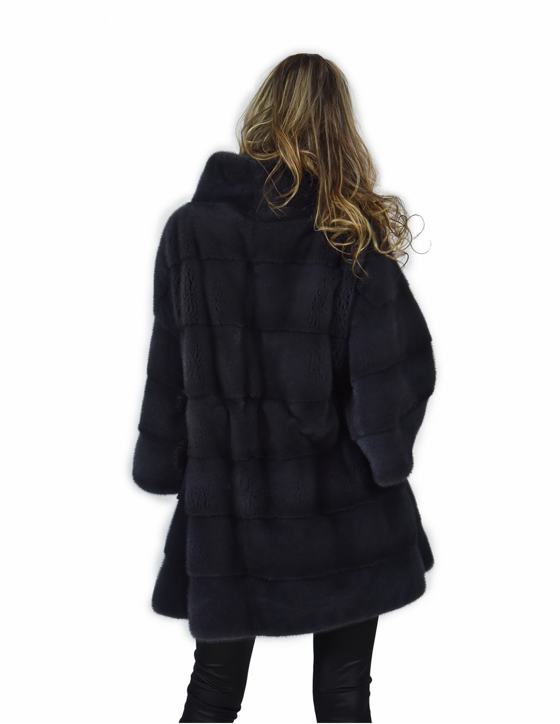 Coat cape 52 mink horizontal full leather color anthracite blue with belt in piping leather - Image 6
